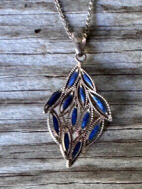 Dyadema Italy 925 Sterling Silver Blue Enamel Leaf Pendant Necklace 16-18"